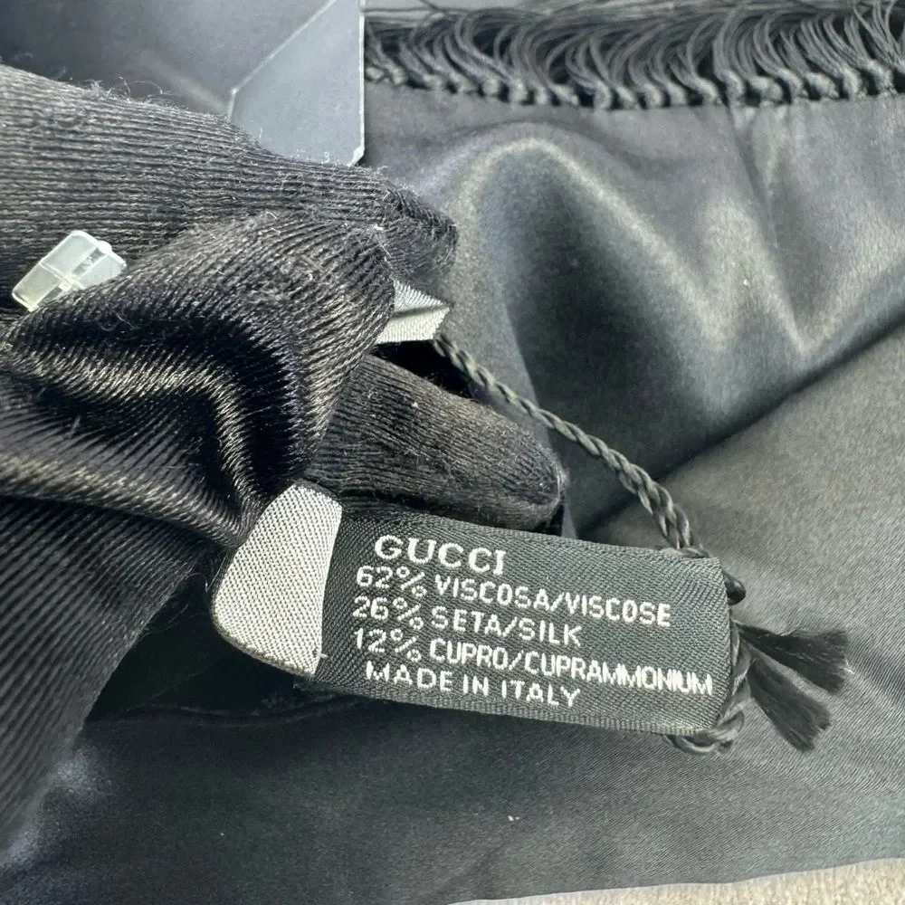 Gucci NWT Crystal Script Logo Velvet & Satin Fringe Scarf
